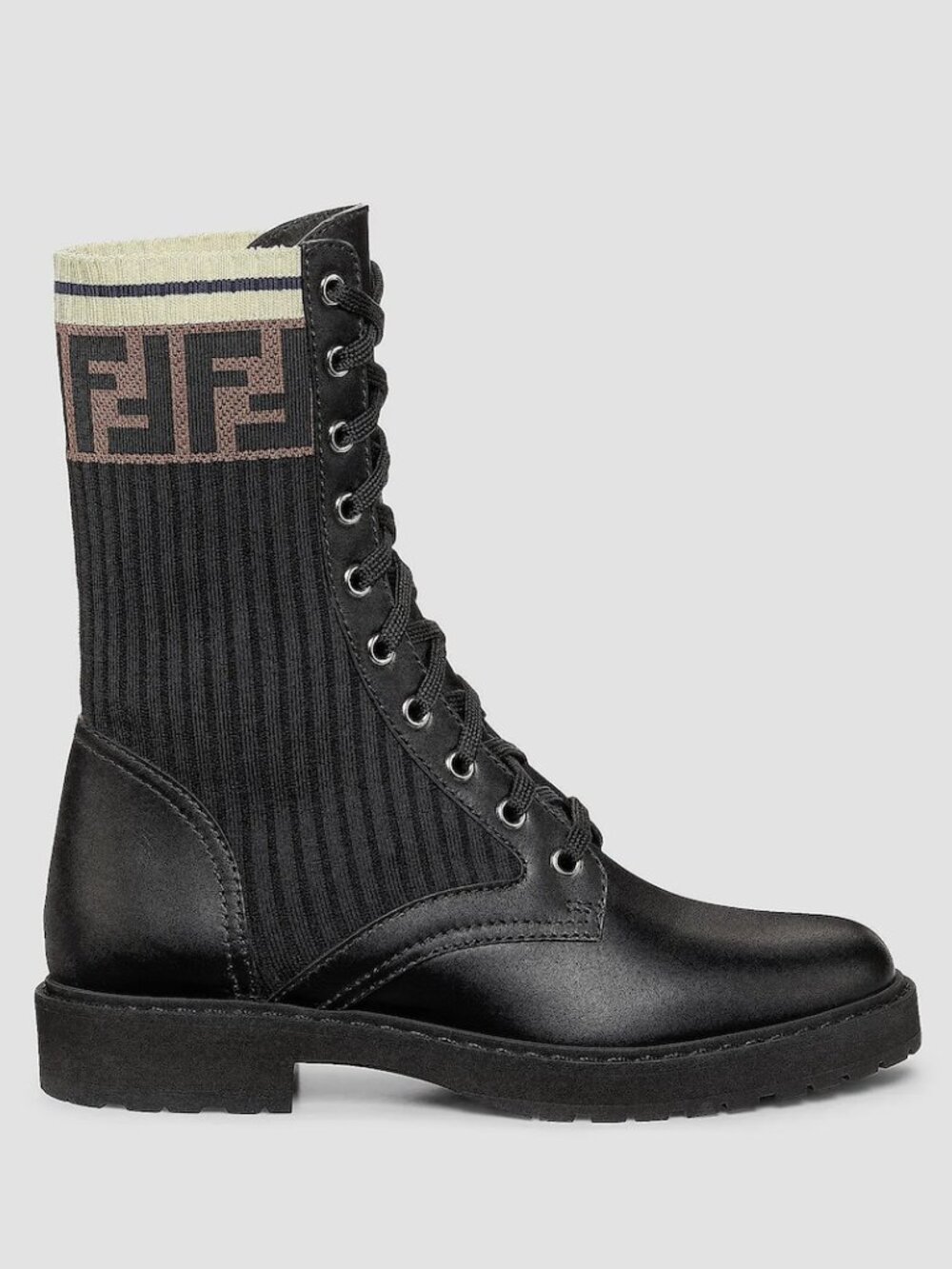Fendi Rockoko Leather & Knit Combat Boots